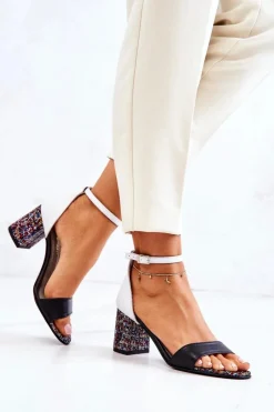 Hot Boto Skórzane Sandałki Na Słupku Czarno-Białe Lorene