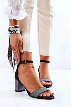 Discount Skórzane Sandałki Na Słupku Czarno-Srebrne Lorene Damskie Sandały Na Obcasie