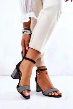 Discount Skórzane Sandałki Na Słupku Czarno-Srebrne Lorene Damskie Sandały Na Obcasie