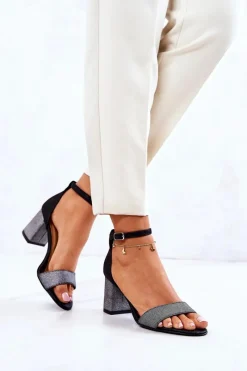 Discount Skórzane Sandałki Na Słupku Czarno-Srebrne Lorene Damskie Sandały Na Obcasie