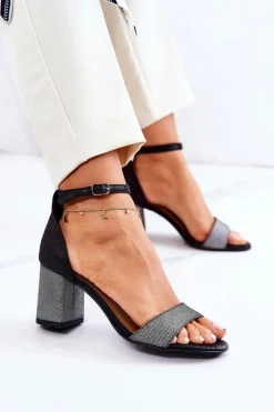 Discount Skórzane Sandałki Na Słupku Czarno-Srebrne Lorene Damskie Sandały Na Obcasie