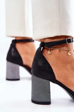 Discount Skórzane Sandałki Na Słupku Czarno-Srebrne Lorene Damskie Sandały Na Obcasie