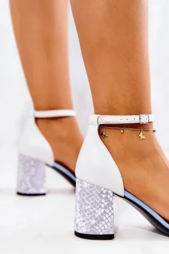 Clearance Skórzane Sandałki Na Słupku Białe Kwiaty Lorene Damskie Sandały Na Obcasie