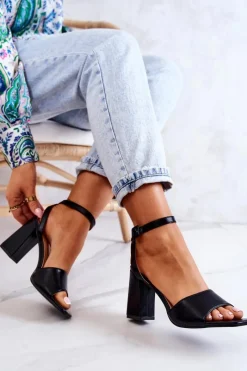 Best Skórzane Sandałki Na Słupku Czarne Estrella Damskie Sandały Na Obcasie