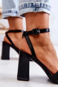 Best Skórzane Sandałki Na Słupku Czarne Estrella Damskie Sandały Na Obcasie