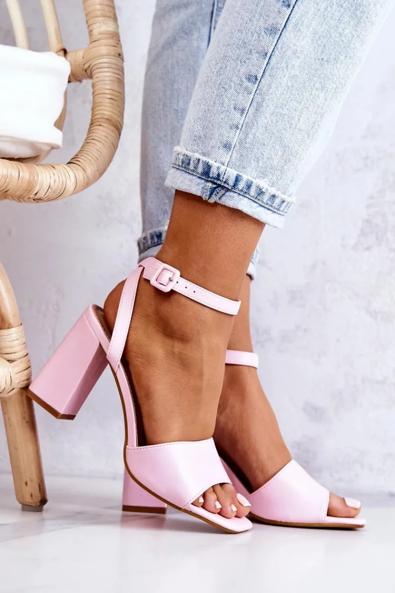 Hot Skórzane Sandałki Na Słupku Różowe Estrella Damskie Sandały Na Obcasie