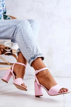 Hot Skórzane Sandałki Na Słupku Różowe Estrella Damskie Sandały Na Obcasie