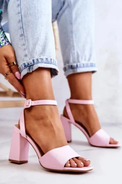 Hot Skórzane Sandałki Na Słupku Różowe Estrella Damskie Sandały Na Obcasie