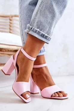 Hot Skórzane Sandałki Na Słupku Różowe Estrella Damskie Sandały Na Obcasie