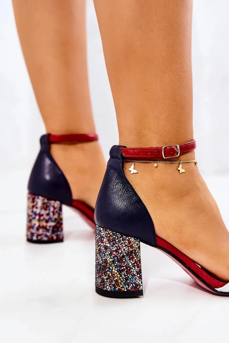 Hot Boto Skórzane Sandałki Na Słupku Granatowo-Czerwone Lorene