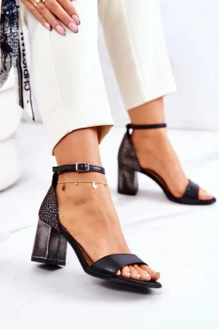 Hot Boto Skórzane Sandałki Na Słupku Czarne Lorene