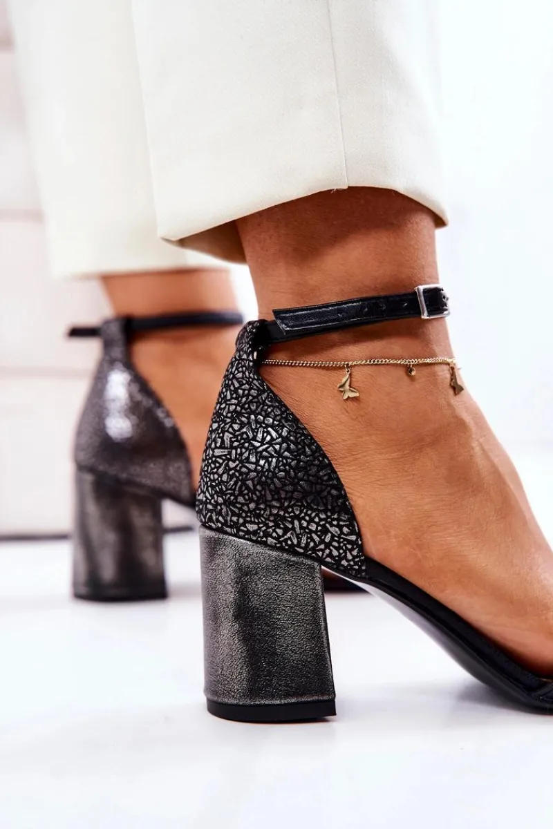 Hot Boto Skórzane Sandałki Na Słupku Czarne Lorene