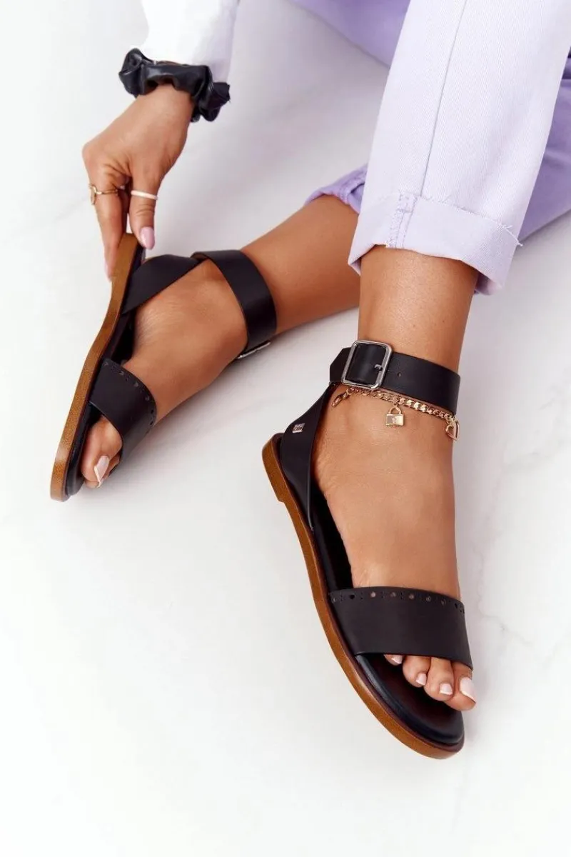 Clearance Skórzane Sandały Big Star HH274720 Czarne Damskie Sandały Big Star|Sandały Płaskie