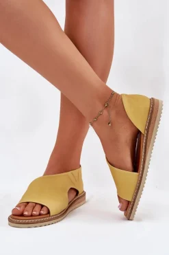Clearance Skórzane Sandały Damskie 46C1015 Żółte Damskie Sandały Płaskie