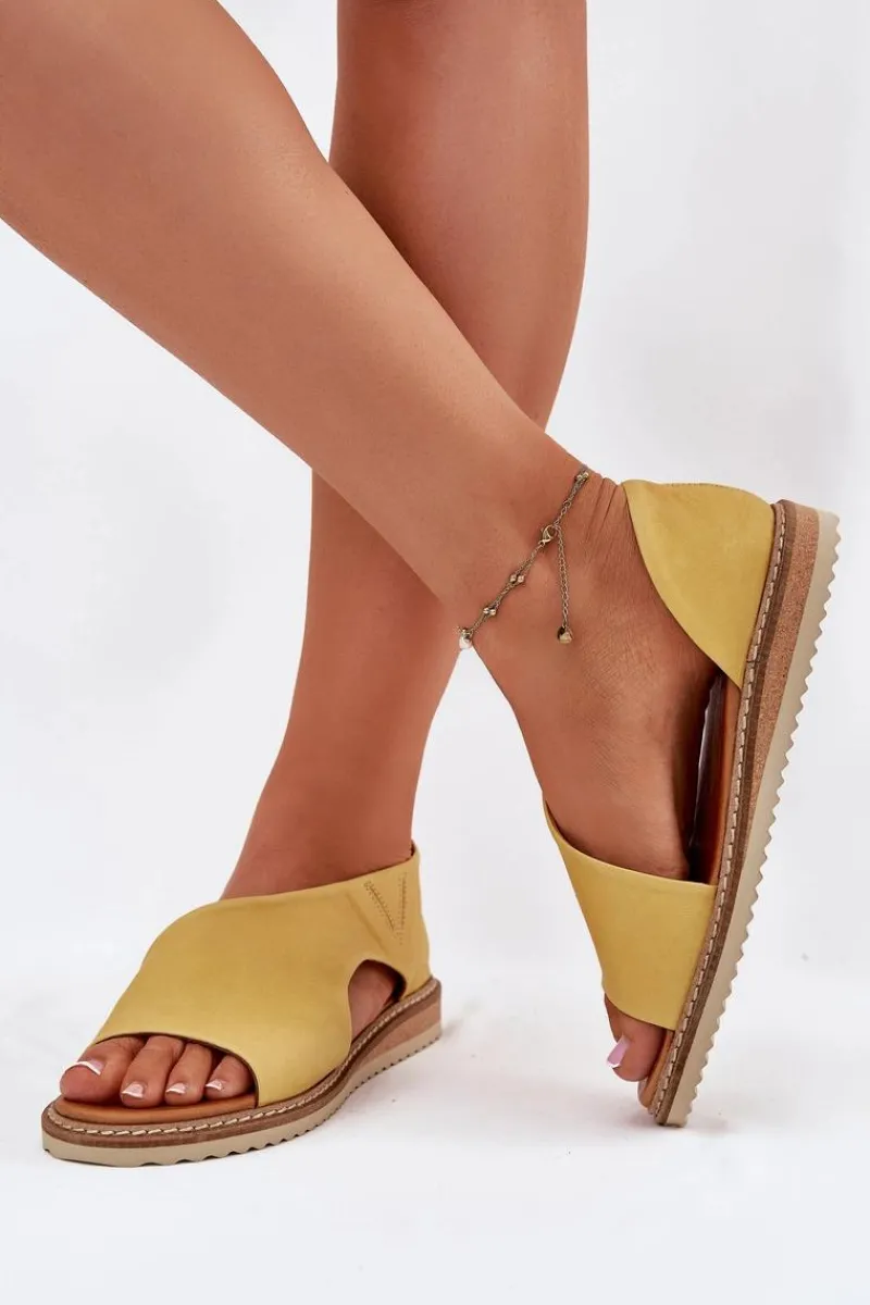 Clearance Skórzane Sandały Damskie 46C1015 Żółte Damskie Sandały Płaskie