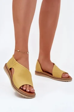 Clearance Skórzane Sandały Damskie 46C1015 Żółte Damskie Sandały Płaskie