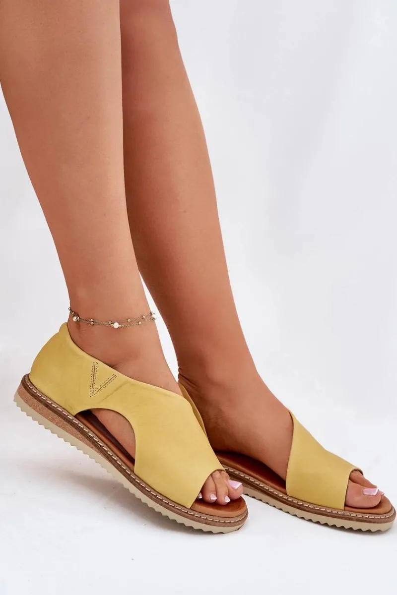 Clearance Skórzane Sandały Damskie 46C1015 Żółte Damskie Sandały Płaskie