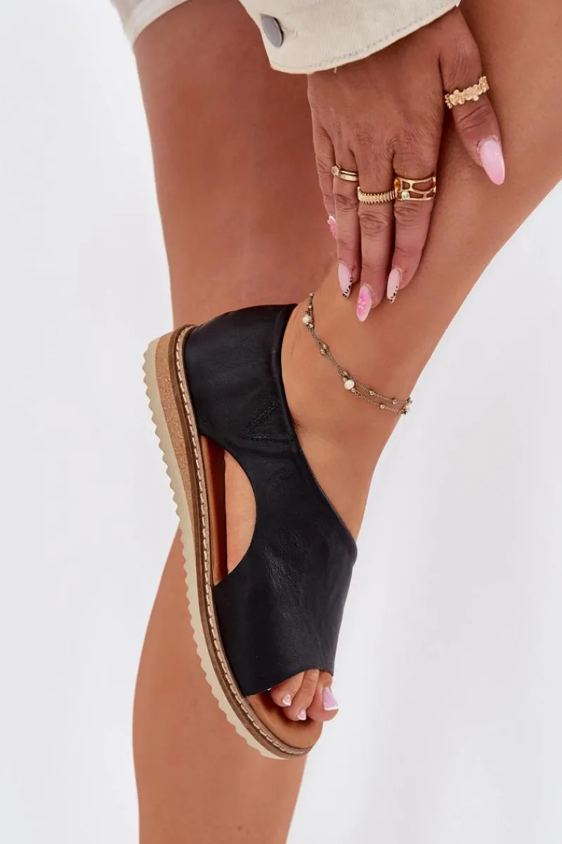 Best Skórzane Sandały Damskie 46C1016 Czarne Damskie Sandały Płaskie