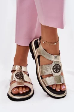 Skórzane Sandały Damskie Lakierowane Z Ozdobnym Detalem 56C0689 Złote Damskie Sandały Płaskie