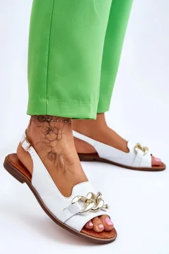 Skórzane Sandały Damskie Lewski Shoes 3230 Biały Groch Damskie Sandały Płaskie