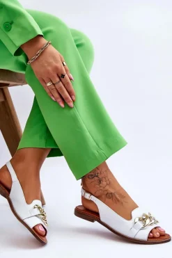 Skórzane Sandały Damskie Lewski Shoes 3230 Biały Groch Damskie Sandały Płaskie