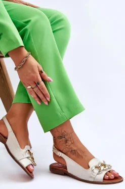 Sandały Płaskie>Boto Skórzane Sandały Damskie Lewski Shoes 3230 Beżowo-Złote Beżowy