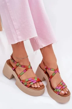 Online Skórzane Sandały Damskie 06990-39 Multikolor Damskie Sandały Na Obcasie