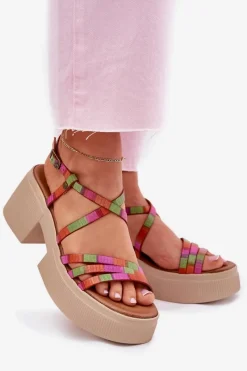 Online Skórzane Sandały Damskie 06990-39 Multikolor Damskie Sandały Na Obcasie