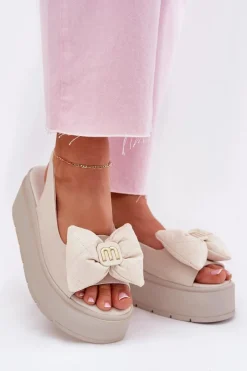 Sandały Na Koturnie|Sandały Płaskie>CheBello Skórzane Sandały Damskie Na Platformie Z Kokardą 4641 Beżowe