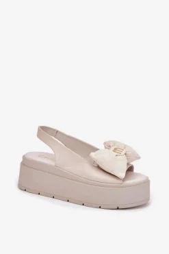 Sandały Na Koturnie|Sandały Płaskie></noscript>CheBello Skórzane Sandały Damskie Na Platformie Z Kokardą 4641 Beżowe