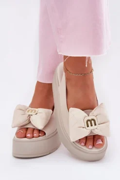 Sandały Na Koturnie|Sandały Płaskie></noscript>CheBello Skórzane Sandały Damskie Na Platformie Z Kokardą 4641 Beżowe