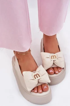 Sandały Na Koturnie|Sandały Płaskie></noscript>CheBello Skórzane Sandały Damskie Na Platformie Z Kokardą 4641 Beżowe