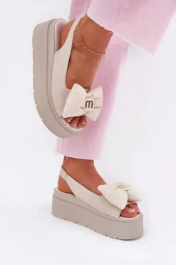 Sandały Na Koturnie|Sandały Płaskie></noscript>CheBello Skórzane Sandały Damskie Na Platformie Z Kokardą 4641 Beżowe