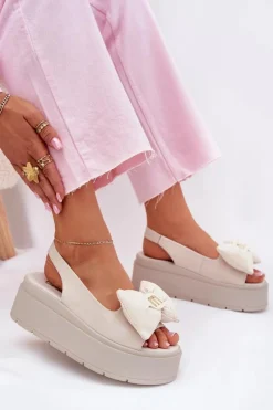 Sandały Na Koturnie|Sandały Płaskie></noscript>CheBello Skórzane Sandały Damskie Na Platformie Z Kokardą 4641 Beżowe