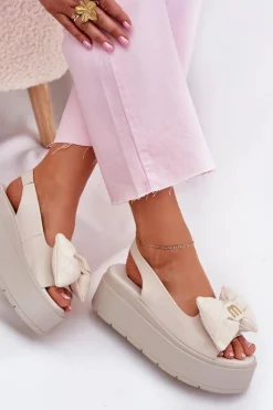 Sandały Na Koturnie|Sandały Płaskie></noscript>CheBello Skórzane Sandały Damskie Na Platformie Z Kokardą 4641 Beżowe