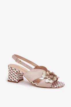 Discount Skórzane Sandały Damskie Na Słupku Z Kwiatami 2950 Beżowe Damskie Sandały Na Słupku|Sandały Na Obcasie