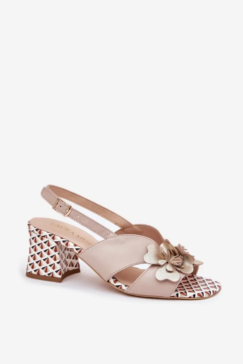 Discount Skórzane Sandały Damskie Na Słupku Z Kwiatami 2950 Beżowe Damskie Sandały Na Słupku|Sandały Na Obcasie