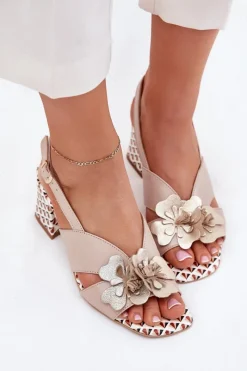 Discount Skórzane Sandały Damskie Na Słupku Z Kwiatami 2950 Beżowe Damskie Sandały Na Słupku|Sandały Na Obcasie