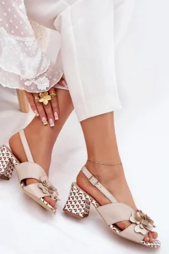 Discount Skórzane Sandały Damskie Na Słupku Z Kwiatami 2950 Beżowe Damskie Sandały Na Słupku|Sandały Na Obcasie