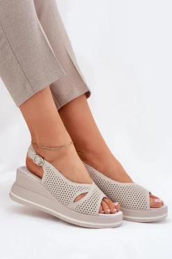 Sale Skórzane Sandały Damskie Na Koturnie S.Barski LR51-660 Beżowe Damskie Sandały Na Koturnie