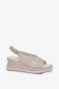 Sale Skórzane Sandały Damskie Na Koturnie S.Barski LR51-660 Beżowe Damskie Sandały Na Koturnie