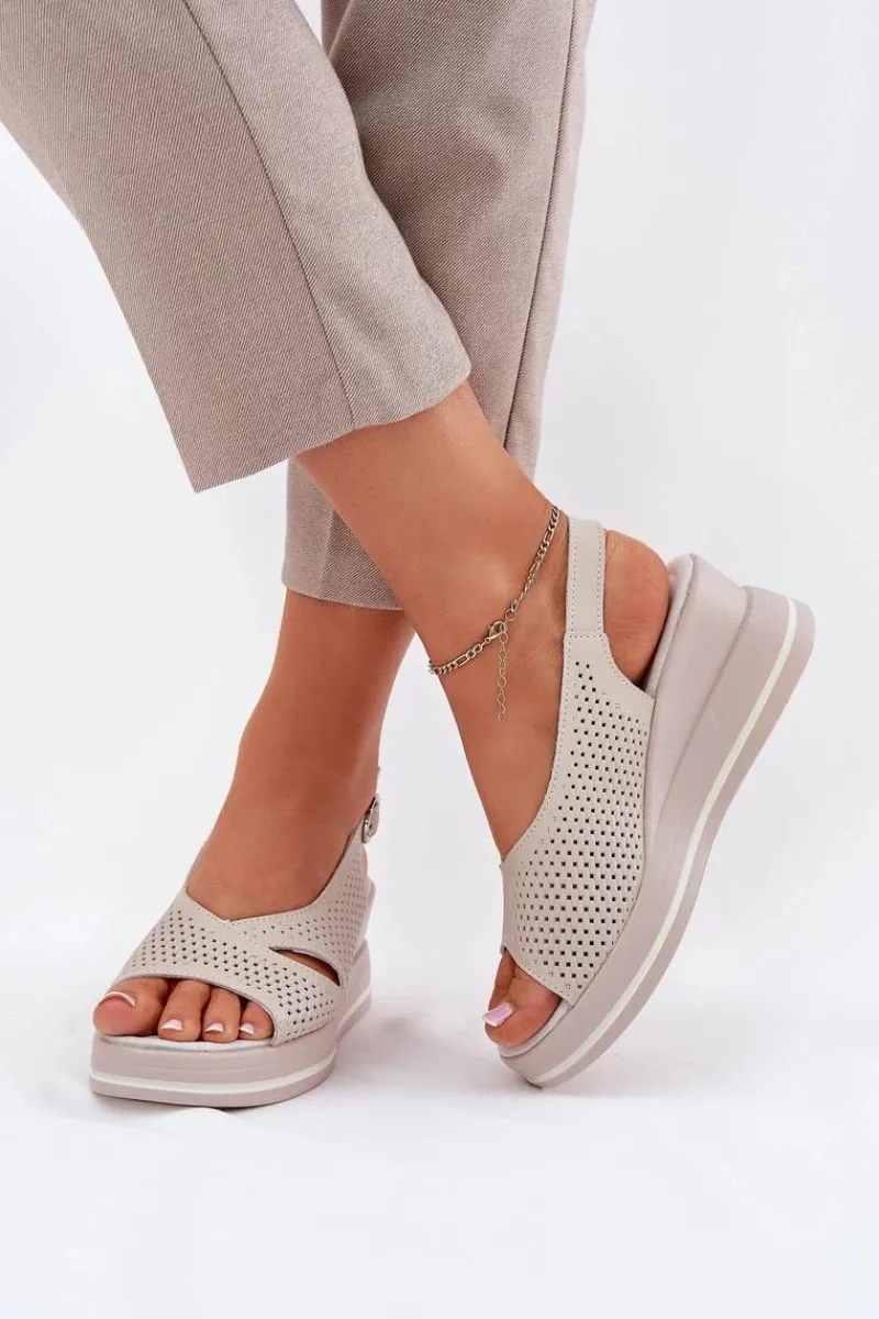 Sale Skórzane Sandały Damskie Na Koturnie S.Barski LR51-660 Beżowe Damskie Sandały Na Koturnie