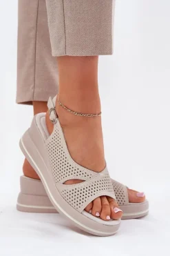 Sale Skórzane Sandały Damskie Na Koturnie S.Barski LR51-660 Beżowe Damskie Sandały Na Koturnie