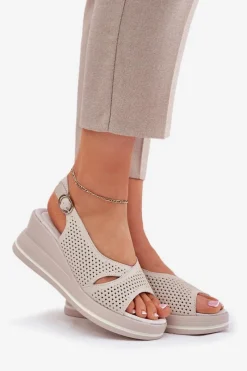 Sale Skórzane Sandały Damskie Na Koturnie S.Barski LR51-660 Beżowe Damskie Sandały Na Koturnie