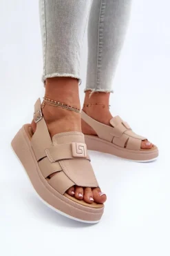 Best Evento Skórzane Sandały Damskie Na Platformie I Koturnie Ciemnobeżowe Vivitellia