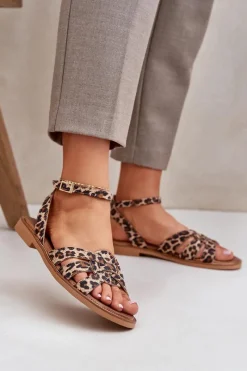 Hot Skórzane Sandały Damskie Na Płaskim Obcasie Panterka Zazoo 3688 Brązowe Damskie Sandały Płaskie
