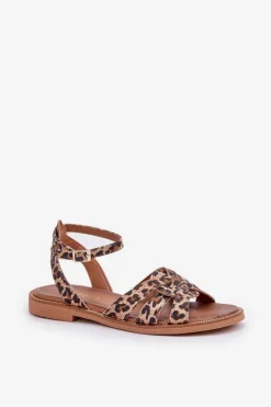 Hot Skórzane Sandały Damskie Na Płaskim Obcasie Panterka Zazoo 3688 Brązowe Damskie Sandały Płaskie