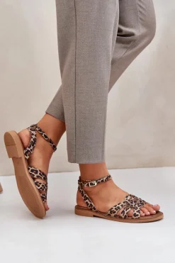 Hot Skórzane Sandały Damskie Na Płaskim Obcasie Panterka Zazoo 3688 Brązowe Damskie Sandały Płaskie
