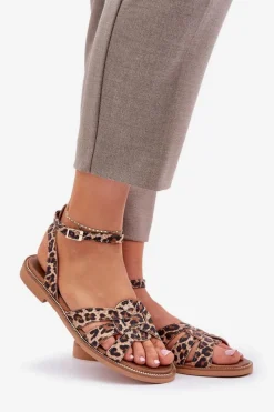 Hot Skórzane Sandały Damskie Na Płaskim Obcasie Panterka Zazoo 3688 Brązowe Damskie Sandały Płaskie
