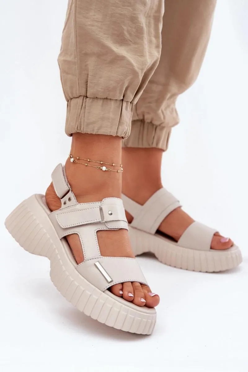 Sandały Płaskie>Evento Skórzane Sandały Damskie Na Platformie Beżowe Mertella